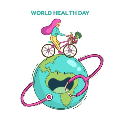 医学手绘世界卫生日插图与妇女和自行车在地球上全球手绘健康