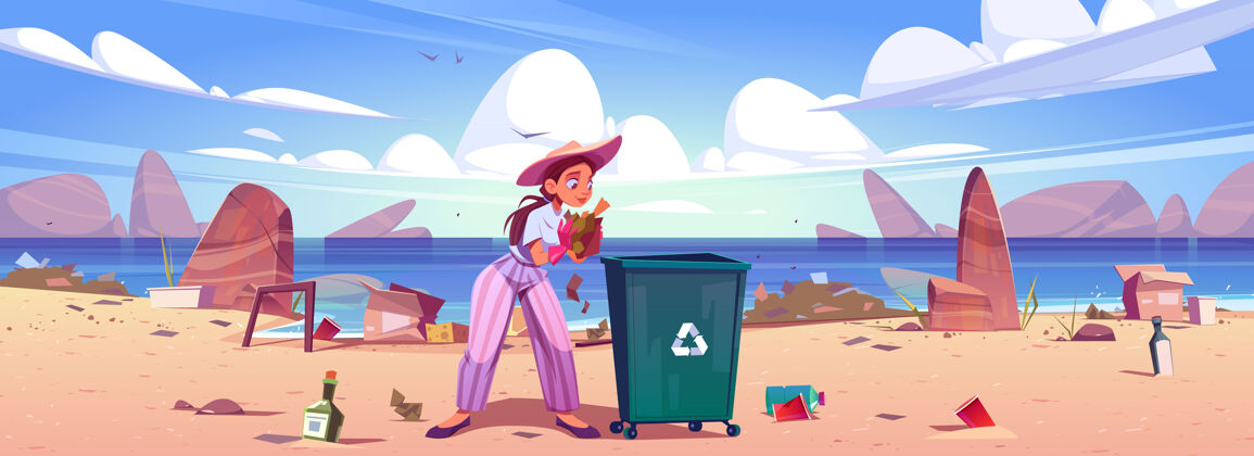 星球女人把垃圾收集到海滩上的垃圾桶里生态活动家清理