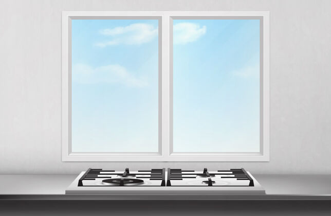 墙厨房窗户前面的桌子上有煤气炉和电炉 白色墙壁上有蓝天电器烤箱厨房
