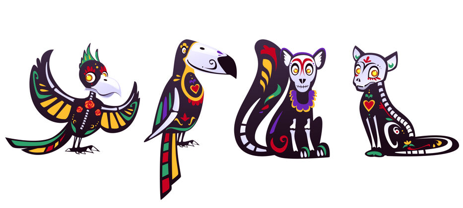 猫死亡之日 迪亚德洛斯穆尔托斯 鹦鹉 巨嘴鸟 狐猴 猫头骨和骨架装饰白天野生西班牙人