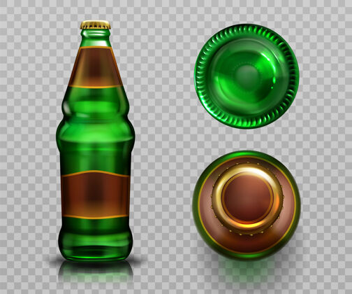 冷啤酒瓶顶部和底部视图 酒精饮料在绿色玻璃瓶与空白标签封闭金属软木塞盖软木塞底部