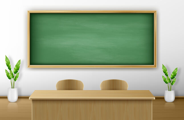 木材教室墙上有绿色的黑板和带椅子的木制教师桌纹理学校矩形