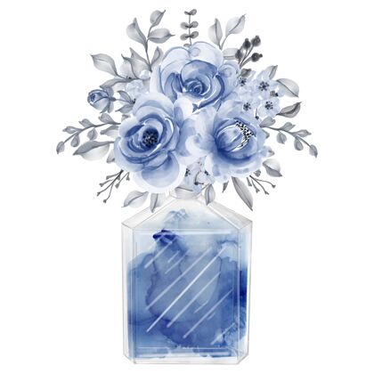 海军蓝香水和花朵海军蓝水彩剪贴画时尚插画装饰奢华液体