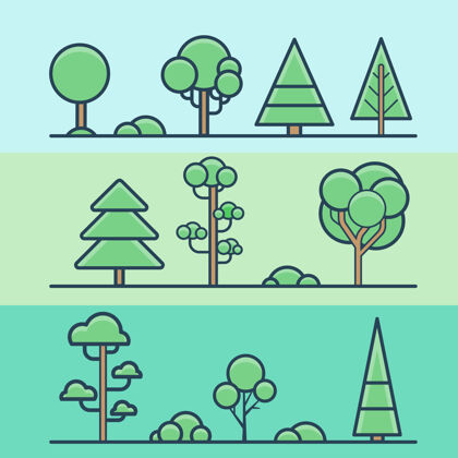 公园树丛公园森林几何彩色自然设置线性笔划轮廓平面样式图标彩色线性艺术图标集合树冷杉线条艺术
