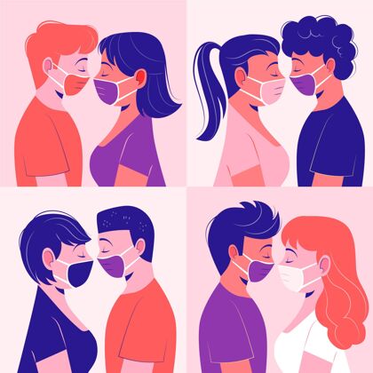收集手绘情侣用covid面具接吻冠状病毒疾病面罩