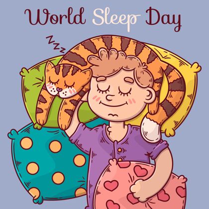 猫手绘世界睡眠日插图与妇女和猫睡眠障碍女人意识