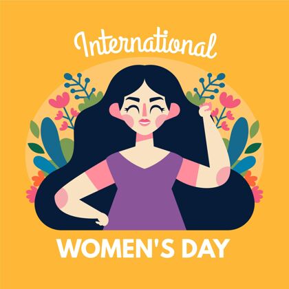 平面平面手绘国际妇女节插画与妇女和鲜花女性妇女节庆祝