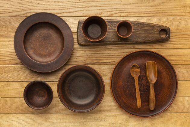 餐具平铺木制餐具收藏勺子盘子木制餐具