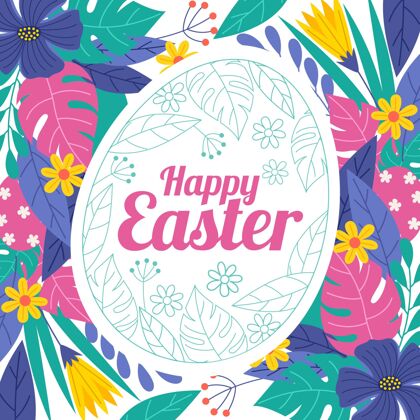教手绘复活节彩蛋和鲜花插画问候复活星期天节日