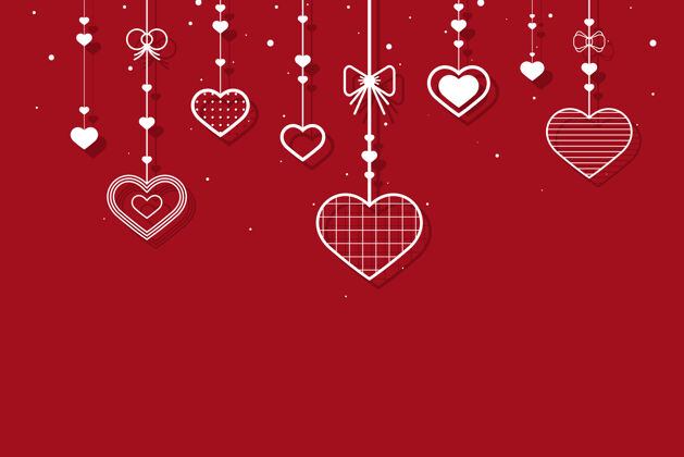 多彩红色背景上挂着红心爱情情人节情人节