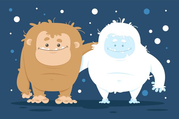 雪人手绘大脚大脚怪和雪人可爱的雪人插图姿势野兽怪物