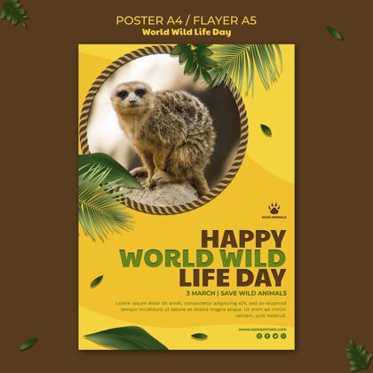 全球世界野生动物日与动物垂直海报模板海报花卉全球