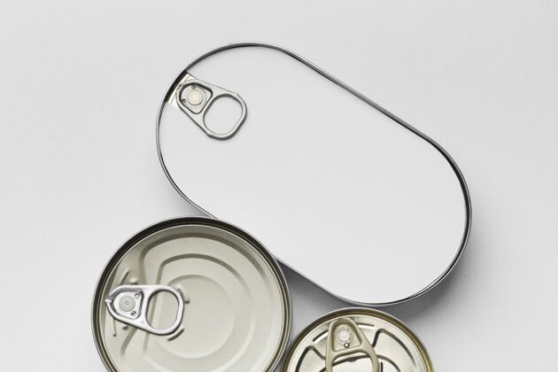 几何顶视图锡罐排列在桌子上罐头食品模型标签