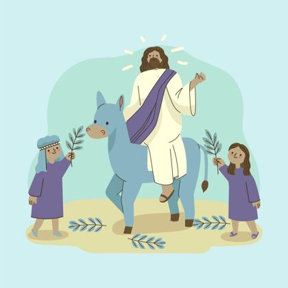 驴手绘耶稣和驴子的手绘棕榈星期天插图进入纪念插图
