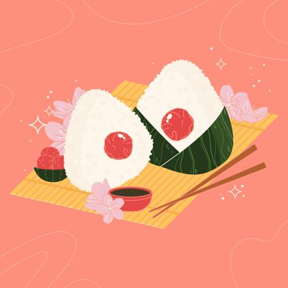 烹饪手绘umeboshionigiri插图日本手绘食品