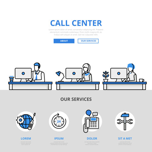 服务呼叫中心用户支持办公场所概念平面线样式印刷材料用户耳机组