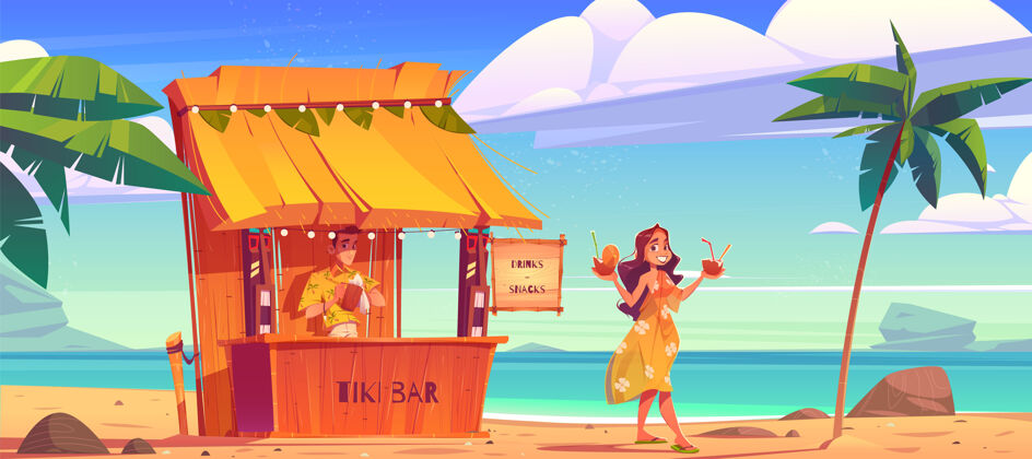 小吃在夏威夷海滩的提基小屋酒吧和酒吧招待一起买鸡尾酒的女人夏威夷竹子小屋