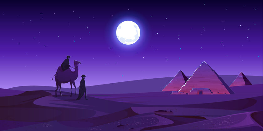 骆驼贝多因人在沙漠的夜晚骑骆驼去埃及金字塔建筑沙漠风景