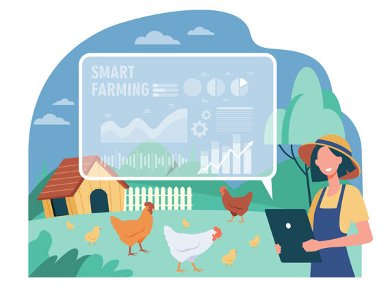 自动化快乐的女农场主工作与智能农场平面插图人口工作农业