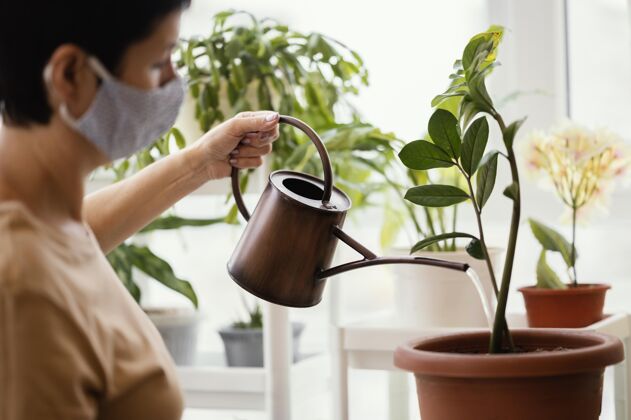栽培戴口罩的女士使用室内植物浇水罐的侧视图种植种植女人