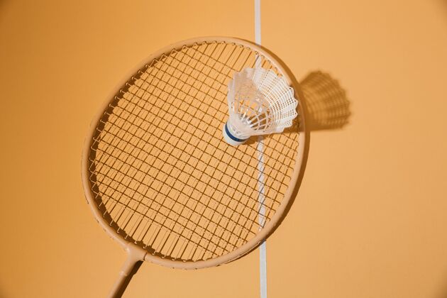 爱好羽毛球拍和羽毛球顶视图水平设备羽毛球