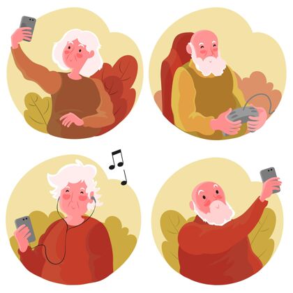 老年人平手绘老年人使用的技术插图技术老年人
