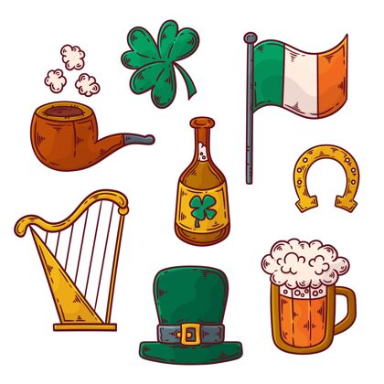 爱尔兰收集手绘传统圣帕特里克节元素手绘节日三月