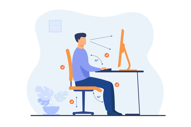 姿势办公室工作时正确姿势的说明平面插图卡通工人坐在办公桌前 姿势正确 背部健康 看电脑人电脑护理