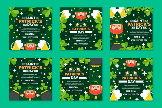 节日平面设计圣帕特里克节instagram帖子绿色平面设计三月