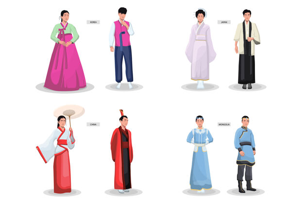 卡通亚洲传统服装集古代女性和服 男性服装 日本 中国 越南 韩国民族服装亚洲服装和服
