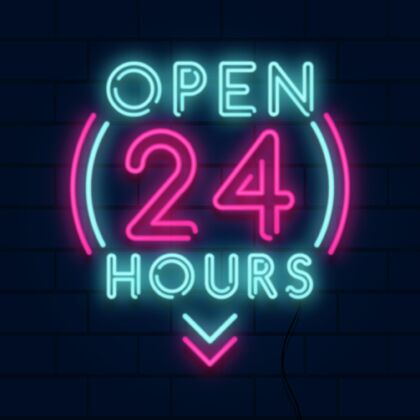砖块霓虹灯“24小时开放”标志照明灯光效果