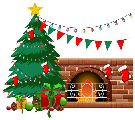 假日壁炉与圣诞树和白色背景上的对象卡通漫画冬天