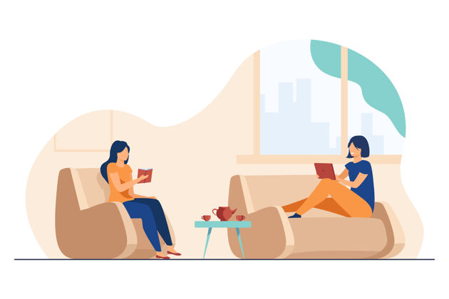 学习两个女人在家放松沙发阅读友谊