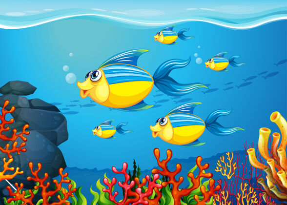 水生许多异国情调的鱼卡通人物在水下的背景海洋生活可爱