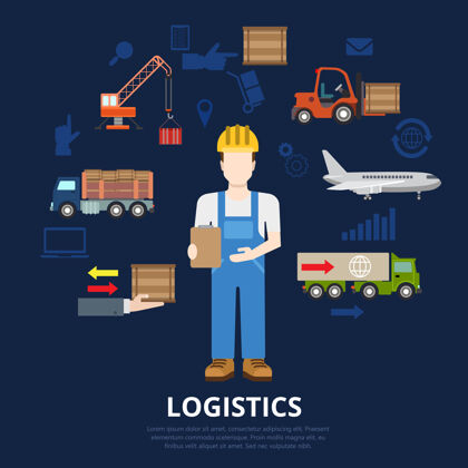 移动物流业务平台概念仓库工人送货员和货箱搬运过程物流板条箱装运