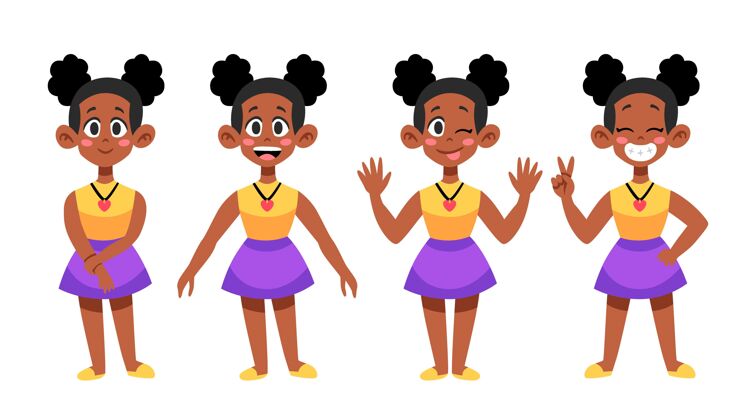 公民平面手绘不同姿势的黑人女孩平面手绘插图平面