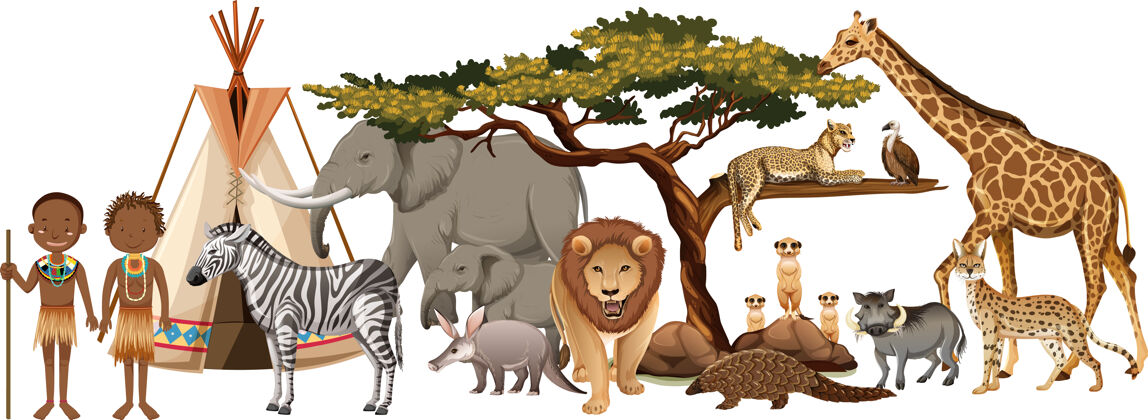 食肉动物在白色背景上有一群非洲野生动物的非洲部落树猎人户外