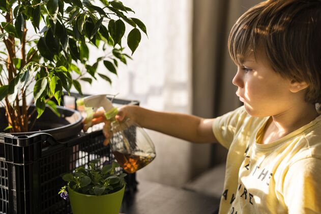 孩子儿童浇灌植物侧视图蔬菜活动农业