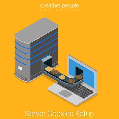 用户服务器发送cookie传送到最终用户笔记本电脑浏览器cookie间谍在线技术平面等距互联网概念平面设置设备