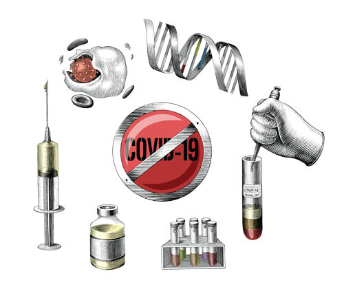 老Covid-19开发疫苗手绘雕刻风格剪贴画白色治愈雕刻流感