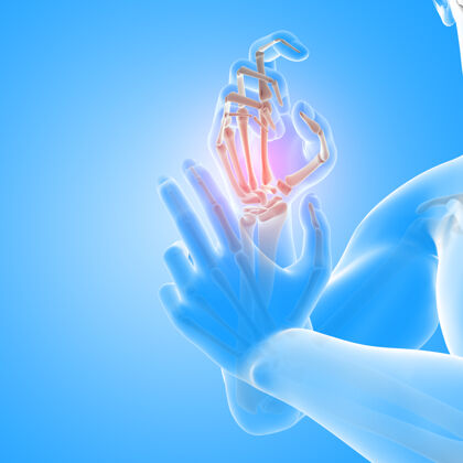 裸体一个男性医学人物的手骨特写三维渲染解剖学医学姿势