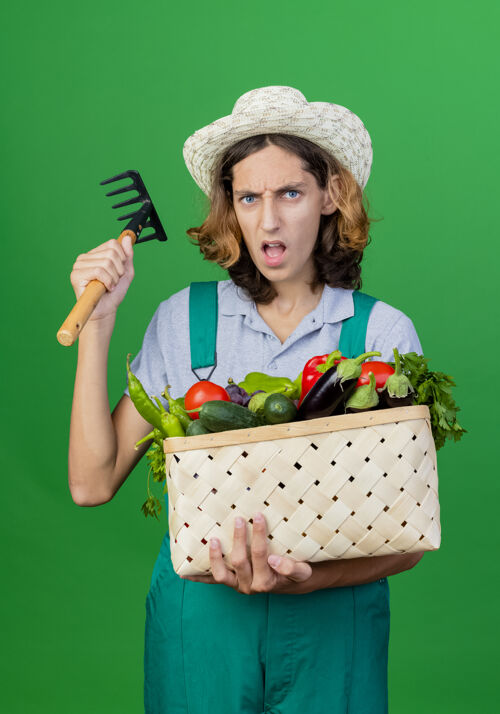 迷你年轻的园丁穿着连体衣戴着帽子拿着装满新鲜蔬菜的箱子愤怒连体衣新鲜