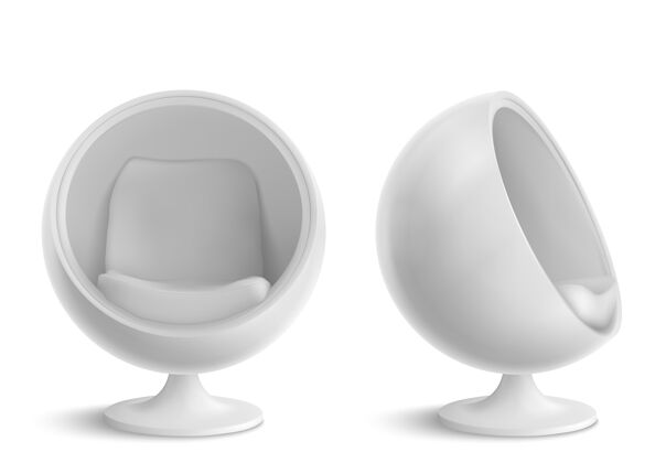 渲染球椅 圆形扶手椅正面和侧面视图家庭或办公室内部的未来派家具设计 白色背景上隔离的舒适蛋形座椅逼真的3d矢量插图椅子形状室内