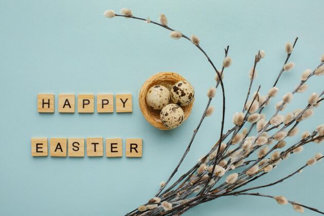 纪念复活节彩蛋顶视图 带问候语和树枝复活节水平复活节快乐