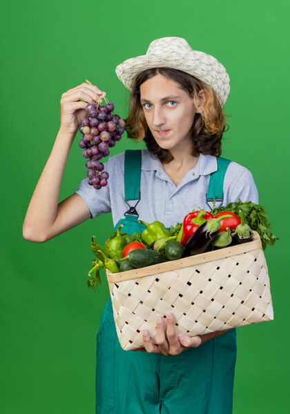 花园年轻的园丁穿着连体衣戴着帽子拿着装满新鲜蔬菜的箱子穿年轻蔬菜
