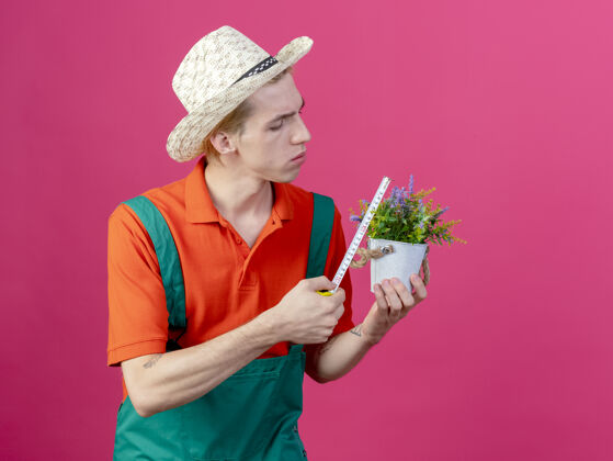 穿年轻的园丁穿着连体衣戴着帽子拿着盆栽植物量着它举行男人测量
