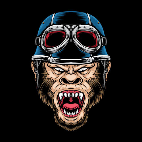 卡通愤怒猿摩托车标志孤立的黑色头盔人物脸