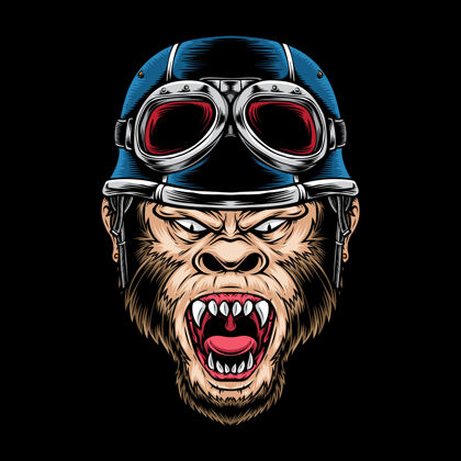 卡通愤怒猿摩托车标志孤立的黑色头盔人物脸