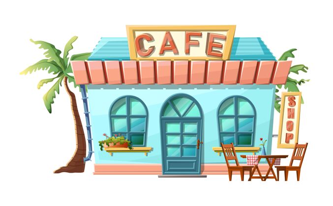 卡通卡通风格的咖啡厅店面景观与绿色的棕榈树 餐桌和椅子隔离外部咖啡馆正面