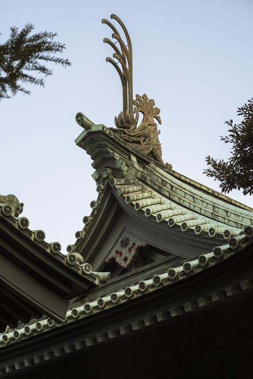 日本低角度的传统日本木制寺庙屋顶细节寺庙神龛建筑